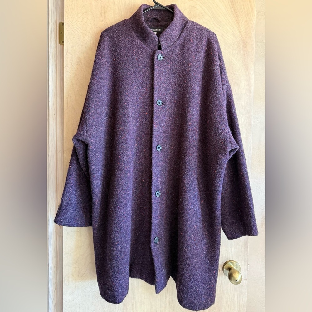Eskandar Lander Women’s Coat Size 2-US 4-6 Purple Wool Dolman Sleeve Silk Lined